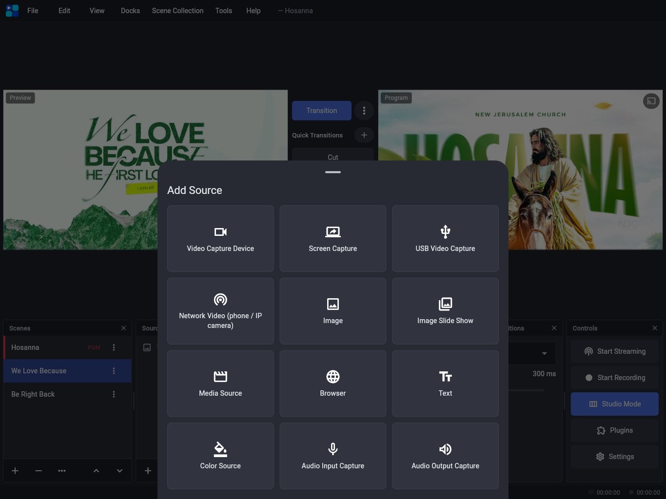 The Add Source sheet with Video Capture Device, Screen Capture, USB Video Capture, Network Video, Image, Image Slide Show, Media Source, Browser, Text, Color Source, Audio Input Capture and Audio Output Capture.