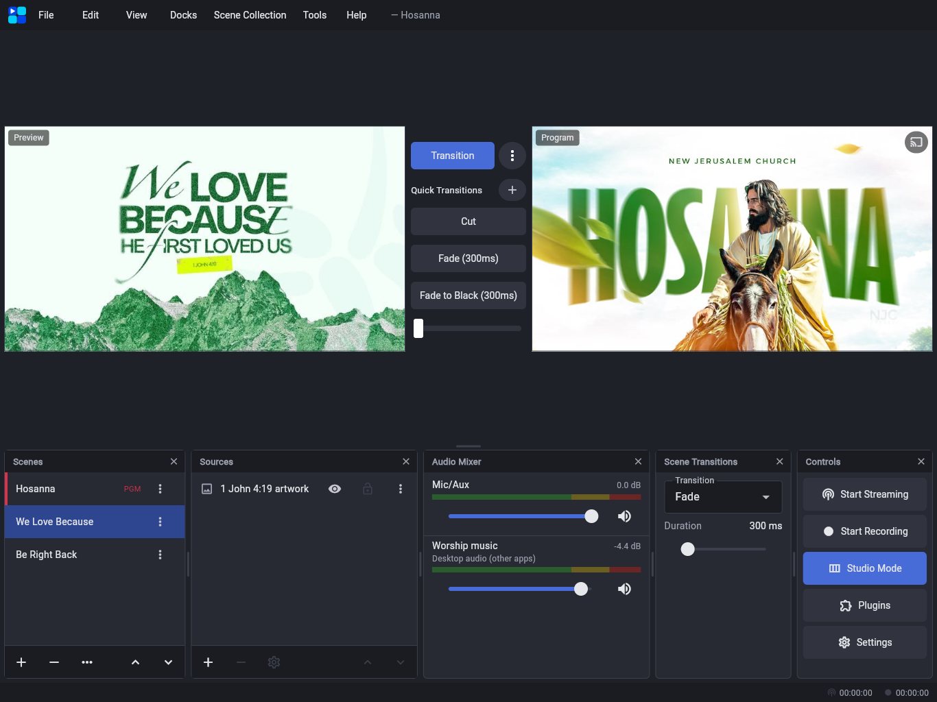 OBSpad in Studio Mode during a church service: the We Love Because scene in Preview, the Hosanna artwork live in Program, quick transitions and a T-bar between them, and the docks below.
