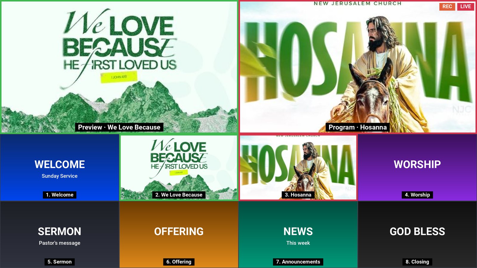 OBSpad's Multiview: Preview with a green border and Program with a red border and LIVE and REC badges on top, and eight numbered scenes below.