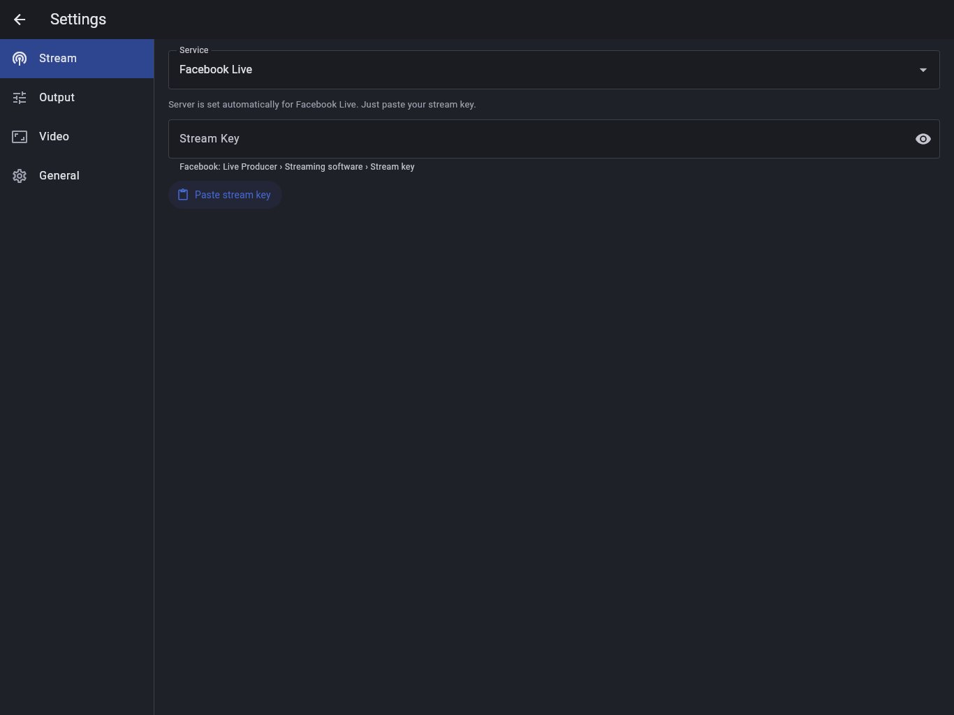 Stream settings with Facebook Live selected and only a Stream Key to paste.